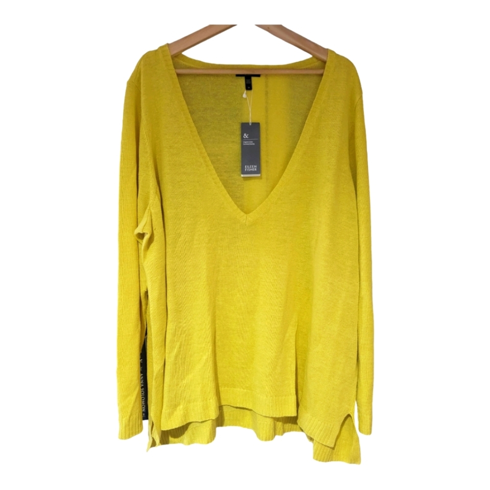NWT Eileen Fisher Yellow Organic Linen /Cotton Slub V-Neck Top Size 3X MSRP $168